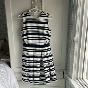 RED Valentino Navy and White Pleated Fit and Flare Midi Dress